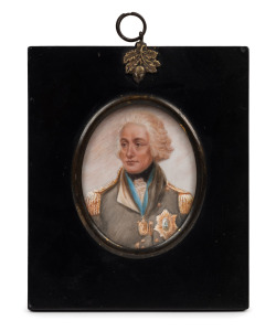 VICE ADMIRAL HORATIO NELSON miniature hand-painted portrait on ivory in period frame, bearing label verso "Vice Admiral Horatio Nelson, 1758-1805 (after Lemuel Abbott) on Ivory", 14 x 11cm overall