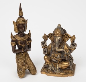 A cast bronze seated Ganesh statue; together with a cast bronze kneeling Buddhist statue, 20th century, (2 items), 15cm and 22cm high
