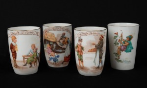 ROYAL DOULTON three antique English porcelain nursery rhyme beakers comprising of "Little Tom Tucker", "Simple Simon" and "There Was An Old Woman Who Lived In a Shoe"; together with a TUSCAN CHINA "Jack Killed The Giant" porcelain beaker, 19th/20th centur