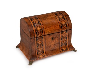 An antique English burr walnut dome top tea caddy with Tunbridge style parquetry inlay and scrolling brass feet, interior fitted with two lidded compartments with carved mother of pearl button knobs, mid 19th century, 16cm high, 22cm wide, 16cm deep.