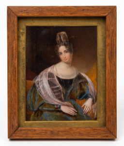 An antique portrait miniature of a lady in Regency costume, hand-painted on ivory, 19th century, 15 x 12cm overall
