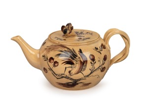 Antique English yellow stoneware teapot, unidentified maker but most likely decorated by Rhodes & Robinson, circa 1775, 10.5cm high, 21.5cm wide