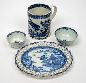 DR WALL WORCESTER antique English porcelain tankard, platter and two tea bowls, 18th century, blue crescent mark to base, the tankard 13cm high