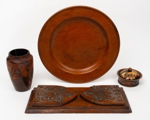 Antique oak bookstand, timber collection plate, poker work vase and lidded bowl with flannel flower decoration, 19th and 20th century, (4 items), the plate 30cm diameter