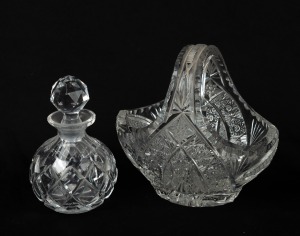 A cut crystal basket; together with a crystal vanity bottle, 20th century, (2 items), the larger 13cm high