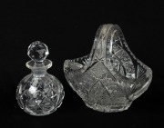 A cut crystal basket; together with a crystal vanity bottle, 20th century, (2 items), the larger 13cm high