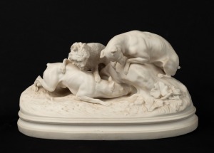 COPELAND SPODE antique Parian ware porcelain figure group of hunting dogs, 19th century, 18cm high, 32cm wide