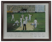 Three framed & glazed limited edition prints: From the Hill by Wesley Walters, signed in the margin by Don Bradman; numbered 196/1250; The Greg Chappell Print signed and dated by Chappell, 1983 and by the artist, John Bloomfield; The Ashes Centenary Print - 2