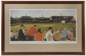 Three framed & glazed limited edition prints: From the Hill by Wesley Walters, signed in the margin by Don Bradman; numbered 196/1250; The Greg Chappell Print signed and dated by Chappell, 1983 and by the artist, John Bloomfield; The Ashes Centenary Print