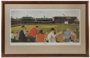 Three framed & glazed limited edition prints: From the Hill by Wesley Walters, signed in the margin by Don Bradman; numbered 196/1250; The Greg Chappell Print signed and dated by Chappell, 1983 and by the artist, John Bloomfield; The Ashes Centenary Print