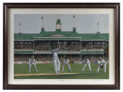 Three framed & glazed limited edition prints: From the Hill by Wesley Walters, signed in the margin by Don Bradman; numbered 196/1250; The Greg Chappell Print signed and dated by Chappell, 1983 and by the artist, John Bloomfield; The Ashes Centenary Print - 3