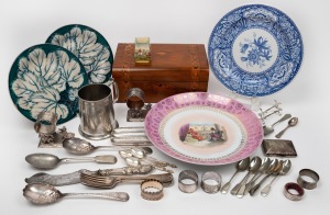 Antique walnut box, porcelain plates, Royal Doulton miniature vase, silver plated cutlery, napkin rings, cigar case, cigarette case, etc, 19th/20th century, (38 items), the box 27cm wide.