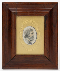 An antique profile portrait miniature of a gentleman, hand-painted on card in a period rosewood frame, 19th century, ​​​​​​​17.5 x 15cm overall