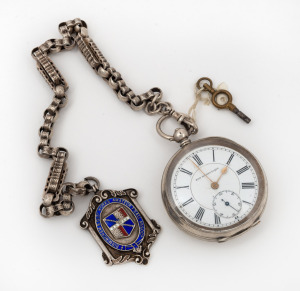 A antique silver cased open faced pocket watch on an antique sterling silver Albert fob chain and a silver and enamel fob inscribed "BIRMINGHAM & DIST. WORKS AMATEUR F'BALL ASSOC'N", 19th century, the chain 37cm long.