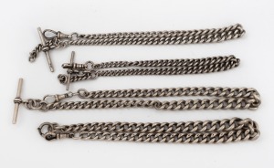 Four assorted antique silver fob chains, 19th/20th century, ​​​​​​​the longest 36cm, 172 grams total.