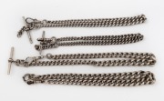 Four assorted antique silver fob chains, 19th/20th century, ​​​​​​​the longest 36cm, 172 grams total.
