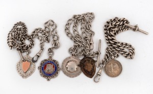 Four assorted antique silver fob chains, all with fobs, 19th/20th century, ​​​​​​​the longest 37cm, 155 grams total.