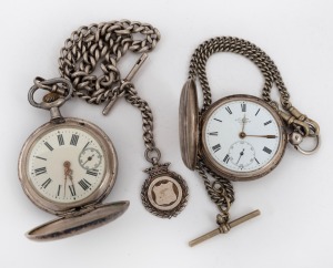 Two antique silver full hunter cased pocket watches on fob chains, 19th/20th century.