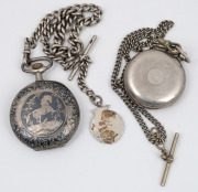 Two antique silver full hunter cased pocket watches on fob chains, 19th/20th century. - 2