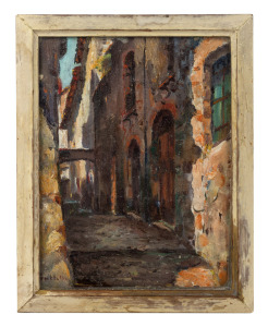 ARTIST UNKNOWN, (European street scene), oil on canvas laid down on board, signed lower left (illegible), 24 x 18cm, 28 x 22cm overall