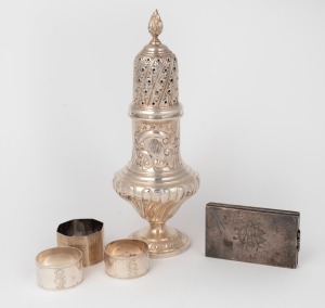 A sterling silver sugar castor, three sterling silver napkin rings and a sterling silver pocket purse or notebook, 19th/20th century, (5 items), the sugar castor 22cm high, 362 grams total