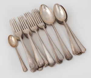 English sterling silver part cutlery set in the Art Deco style comprising of two tablespoons, one teaspoon, six dessert spoons, six dinner forks and twelve entree forks, 20th century, (27 items), 1420 grams total