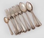 English sterling silver part cutlery set in the Art Deco style comprising of two tablespoons, one teaspoon, six dessert spoons, six dinner forks and twelve entree forks, 20th century, (27 items), 1420 grams total