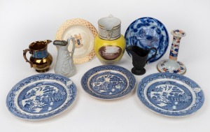 Antique porcelain jugs, candlestick and plates, mixed origin and condition, 18th and 19th century, (10 items), the yellow jug 20cm high