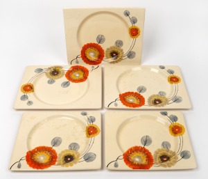 CLARICE CLIFF group of five hand-painted English Art Deco porcelain plates in two sizes, stamped "The Biarritz, Royal Staffordshire, Great Britain, Regd. No. 184849, Bizarre by Clarice Cliff", 23cm and 26.5cm wide