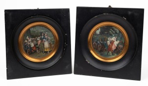 A pair of antique miniature paintings, one of a court scene and the other of a coaching scene, 19th century, image size 7cm diameter, 13.5 x 13cm each overall