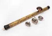 A Chinese opium pipe; together with three zoomorphic silver finish boxes, 20th century, (4 items), the pipe 58cm long