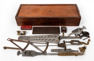WATCHMAKERS TOOLS: An attractive assortment of antique and vintage tools housed in a timber box with sliding lid, mostly 19th century, the box 49cm wide.