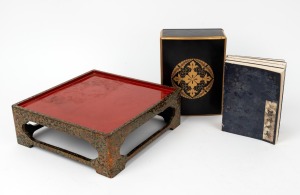 Japanese lacquered box housing four volumes of Japanese text; together with a stand, Meiji Period, 20th century, the stand 20cm wide
