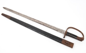 WWI English socket bayonet and leather scabbard with broad arrow War Department stamps, 79cm long