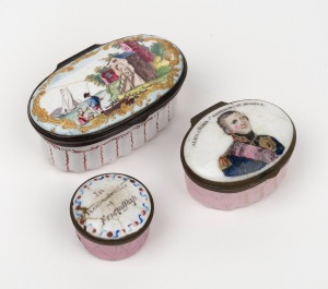 BATTERSEA enamel antique English patch boxes, 18th/19th century, (3 items), ​​​​​​​the largest 6cm wide