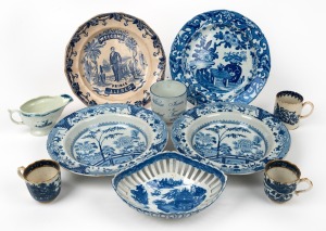 Antique English blue and white porcelain cabinet plates, jugs, bowls and teacups, 18th and 19th century, (10 items).