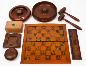 Assorted Australian and New Zealand wood ware, nut bowls, boxes etc.; together with an attractive antique pen work folding chess board, 19th and 20th century, (7 items), the chess board 33cm wide