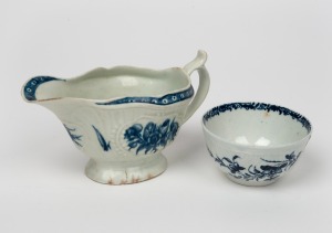 DR WALL WORCESTER antique English porcelain jug and tea bowl, 18th century, (2 items), blue crescent marks to base, the jug 9.5cm high, 16cm wide
