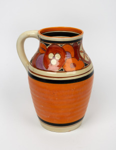 CLARICE CLIFF "Fantasque" English Art Deco orange ceramic jug, circa 1930, black factory mark to base, 24.5cm high