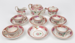 LEEDS POTTERY antique English porcelain miniature partial tea set, early 19th century, (14 items), the teapot 8cm high, 16cm wide