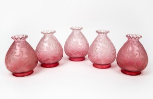 A set of five ruby glass light shades with acid etched foliate decoration, 20th century, 16cm high