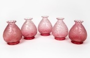 A set of five ruby glass light shades with acid etched foliate decoration, 20th century, 16cm high