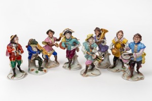 MEISSEN "Monkey Band" set of eight antique German porcelain figurines, 19th/20th century, blue Augustus Rex marks to base, approximately 15cm high each