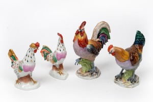 Four assorted porcelain rooster and chicken statues, 19th/20th century, the larger with blue Dresden factory marks to bases, the largest 21cm high.
