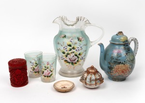 Antique Japanese Satsuma lidded box and dish, Chinese cinnabar lidded jar, Japanese porcelain teapot; together with an antique English glass lemonade jug and two matching beakers with enamel floral decoration, A/F, 19th and 20th century, (7 items), the ju