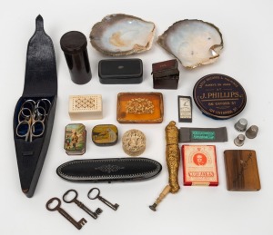 Ivory and bone boxes, tortoiseshell and gold box, bone seal, snuff box, antique keys, pearl shells, thimbles, ink pot, etc., (qty). Inspection will reward.