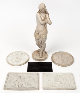 Antique Parian ware classical statue of a woman; together with four Parian plaques and a basalt plaque, (6 items), the statue 28.5cm high