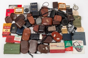 VARIOUS MANUFACTURERS: An accumulation mostly consisting of light meters, but also light meter attachments, exposure calculators etc., brands include Agfa, Palec, Sangamo Weston, Sekonic, Weston, most items with leather case or retail box. (50+ items)