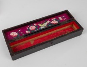 An antique Chinese carved ivory and hand-painted silk fan, housed in original box, 19th century, the box 29cm wide. - 3