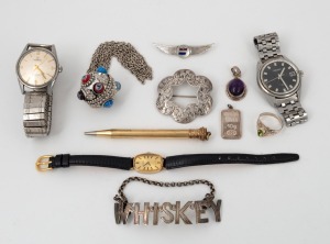 TISSOT wristwatches (2), Tissot box, Seiko watch, silver WHISKEY decanter label, sterling silver 10 gram ingot, antique pencil, silver jewellery&nbsp;and evil eye pendant, (12 items)